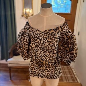 Nicole Miller Leopard Print Off-Shoulder Puff Sleeve Top